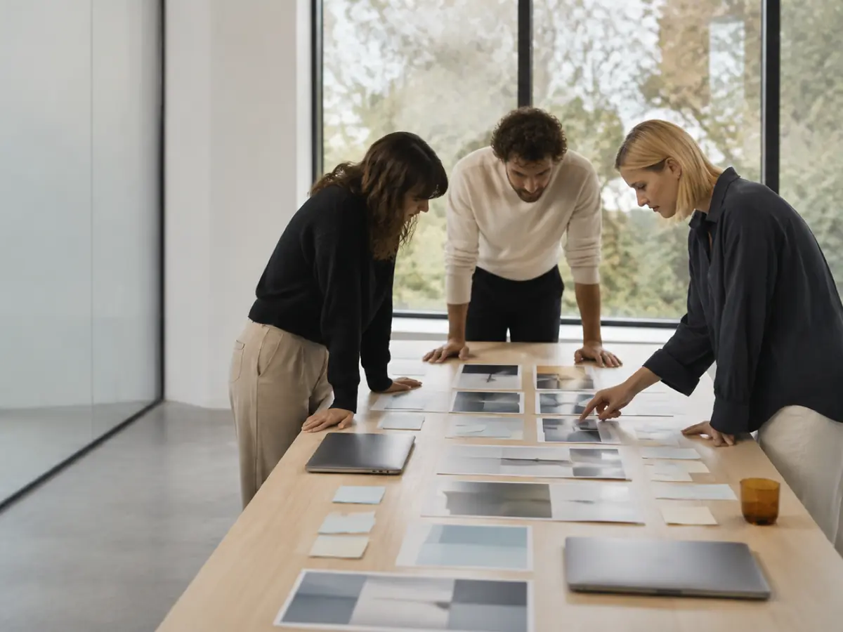 Three people at an agency meeting table leaning over printed campaign mockups and sticky notes