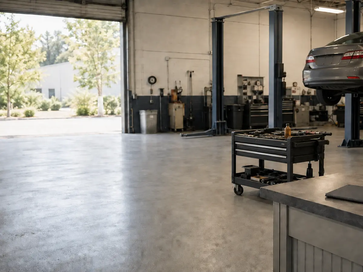 Independent auto repair shop with a car raised on a lift