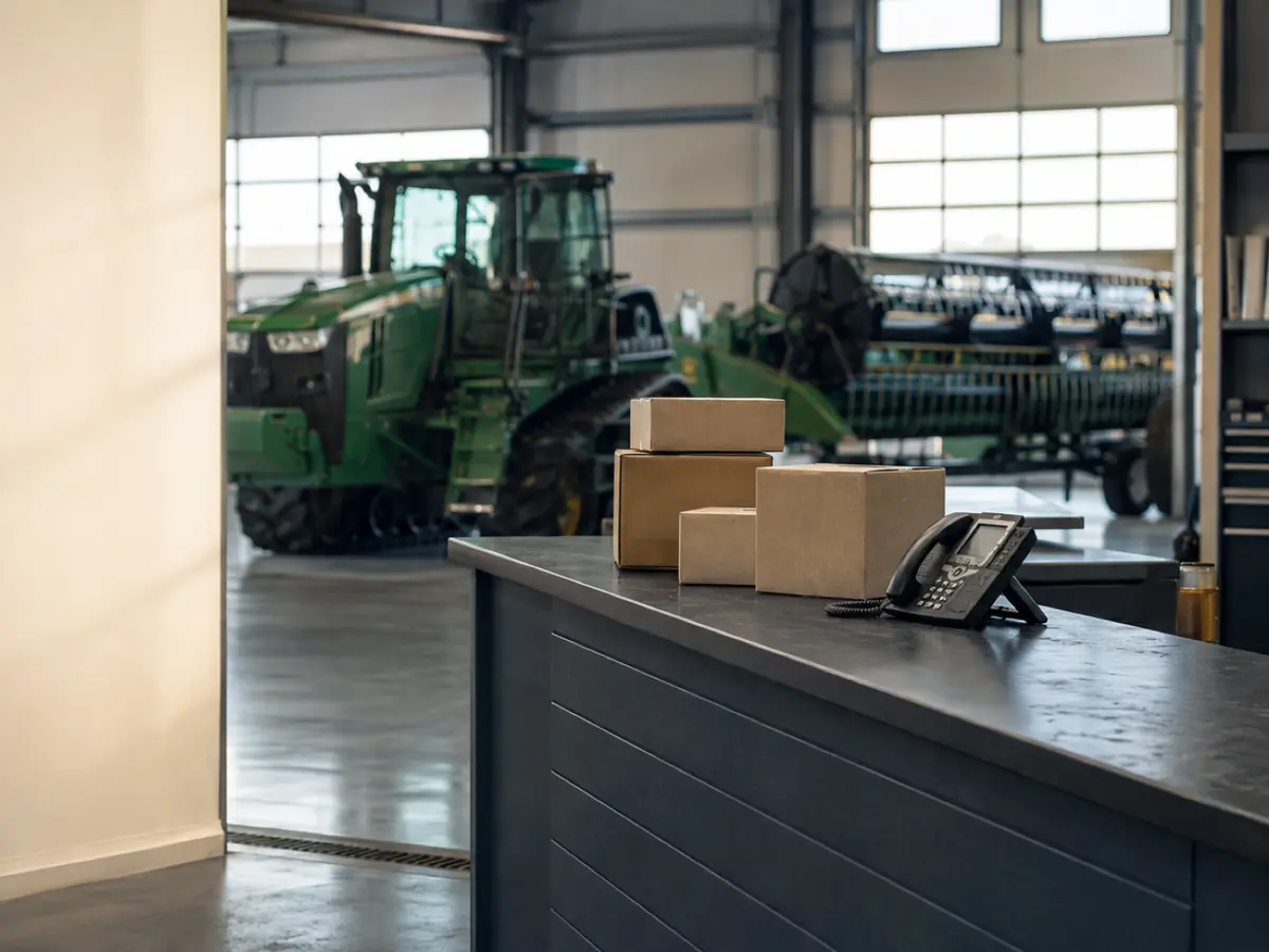 Parts counter at an equipment dealership with a tractor in the service bay behind it