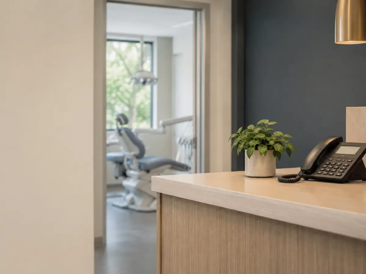 Quiet dental office front desk with a treatment room open behind it