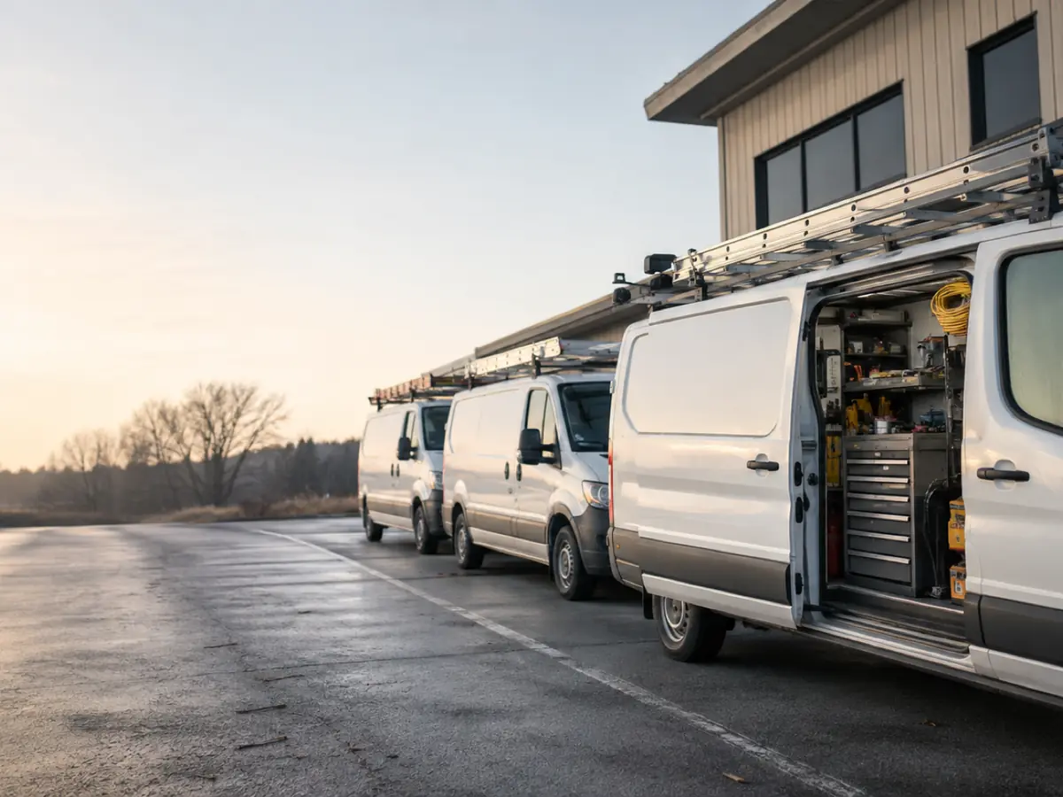 Row of white service vans with roof ladders parked at sunrise